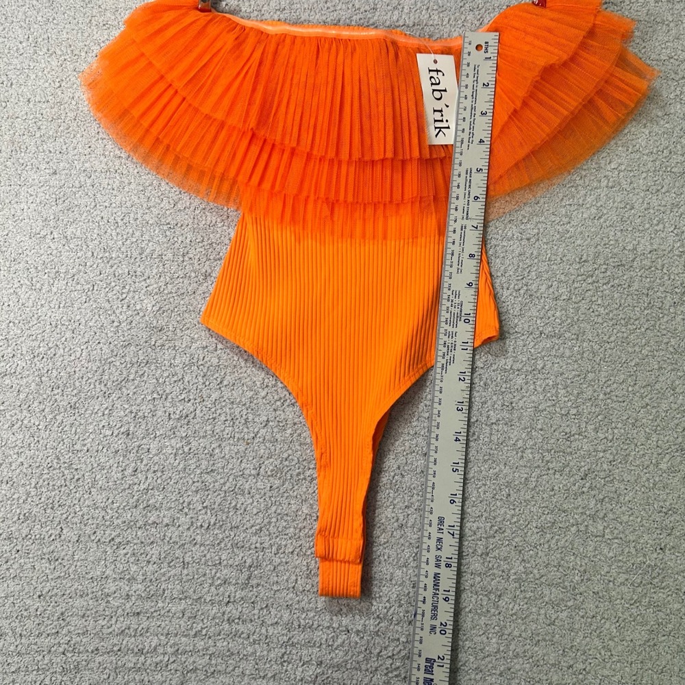 fab'rik Bodysuit Kaya Ruffle Off Shoulder S Orange Tulle Ribbed Mesh Festival - Picture 6 of 8